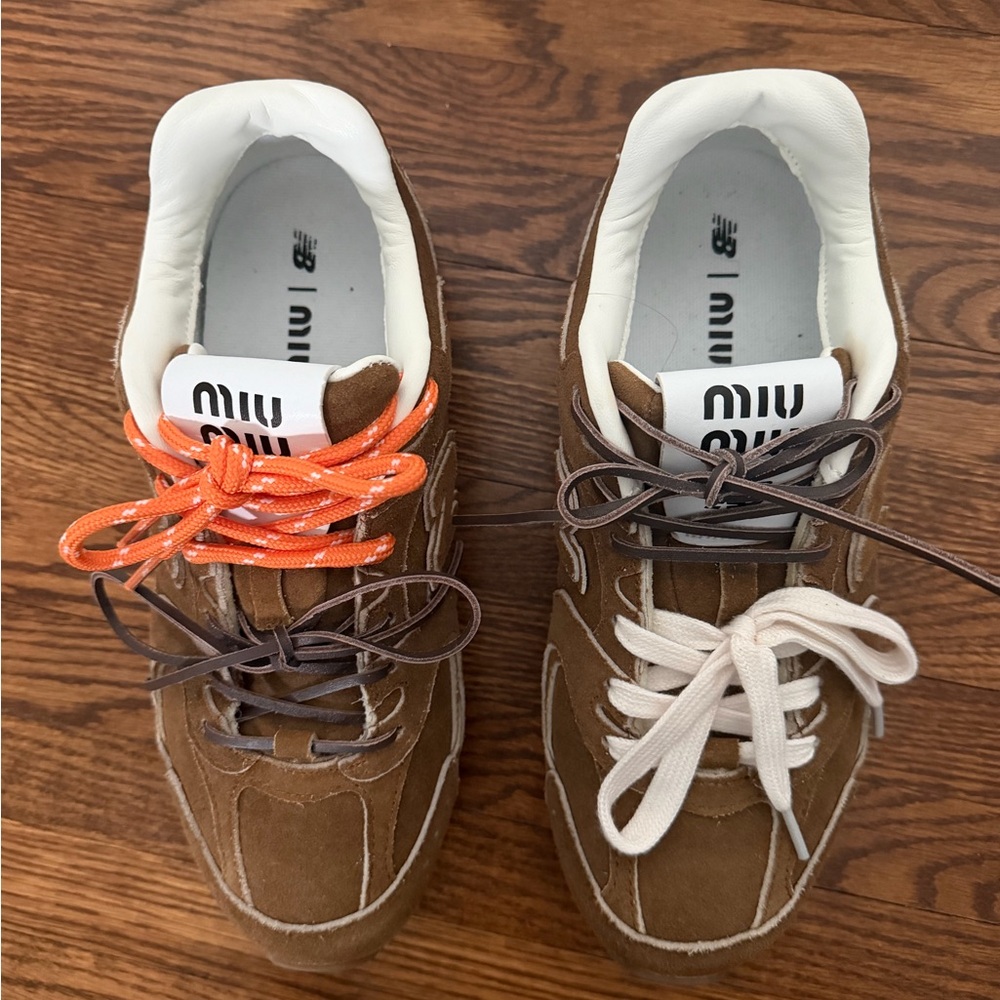 Miu Miu New Balance Brown Sneakers with Orange and White Laces